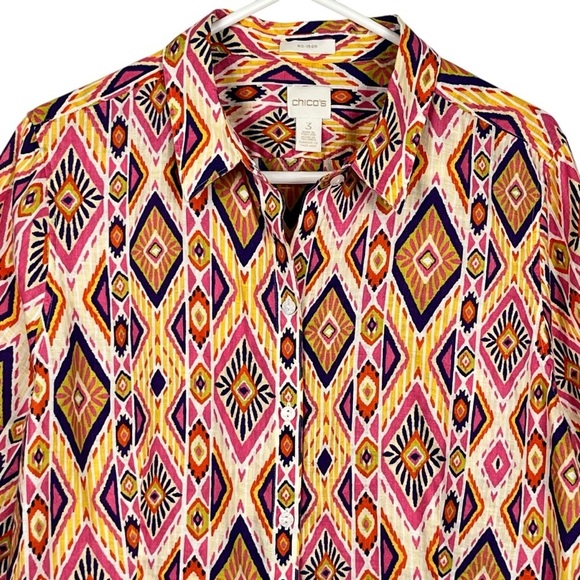 Chico’s No-Iron 100% Linen Multi-Colored Diamond Printed Blouse Sz. 3 (US XL/16) - Picture 6 of 14